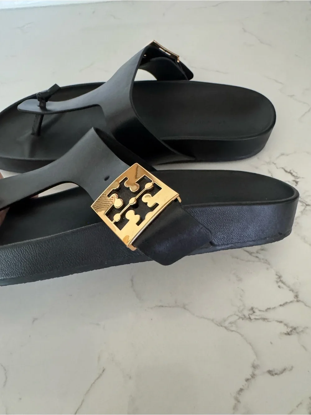 Tory Burch Black Leather Mellow T-Strap Sandals